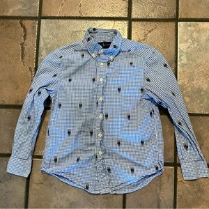 Ralph Lauren Button Down Shirt Long Sleeve Teddy Bears Check Blue Boys Size 8